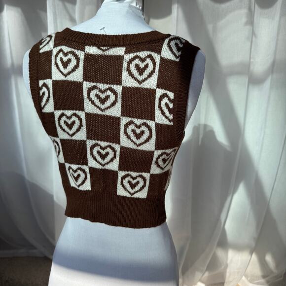 No Comment Sweater Vest‎ Womens Juniors M Brown White Checkered Hearts Academia - Picture 3 of 8